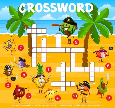 Crossword grid, cartoon funny fruit pirates and corsairs characters, vector quiz game. Pineapple in pirate tricorne, lemon and apple as corsair sailor and banana to guess word on crossword worksheet