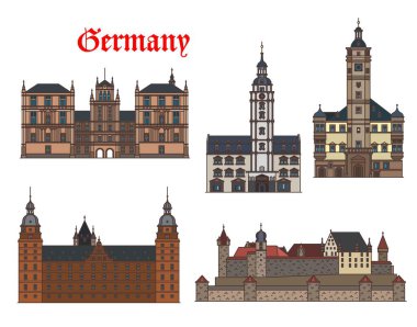 Germany architecture buildings, castles of Bavaria and Thuringia, vector landmarks. German city Altenburg, Gera, Coburg and Aschaffenburg buildings, Veste Fortress, Ehrenburg or Johannisburg castle