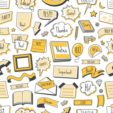 Bullet journal seamless pattern, doodle diary calendar banners, ribbons, arrows. Vector background with element for sketchbook, message, notebook, sticker or border with clouds in linear style