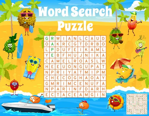 Cartoon Fruits Characters Summer Beach Word Search Puzzle Game Vector — Wektor stockowy