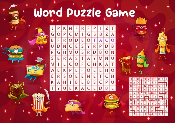Fast Food Characters Word Search Puzzle Game Letter Quiz Children — Stockvektor