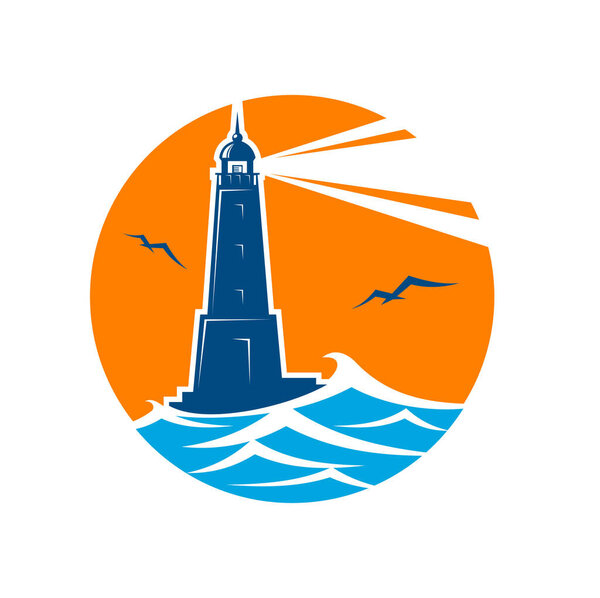 Lighthouse and beacon icon. Vector round emblem seafarer with beam, ocean waves and flying gulls. Isolated label for navigation, travel or sailing maritime company with searchlight tower in sea