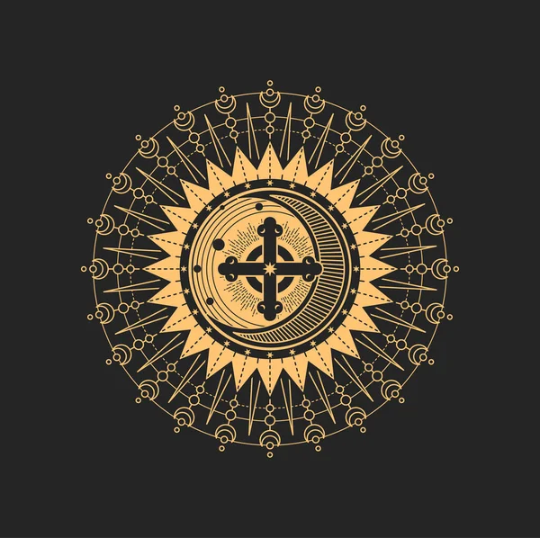 Esoteric Occult Vector Symbol Powerful Cross Sun Moon Crescent Solar — Stok Vektör