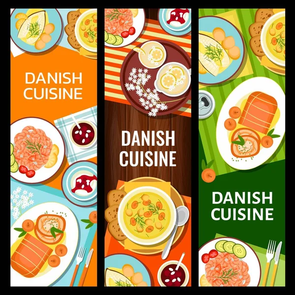 Danish Cuisine Restaurant Dishes Menu Banners Almond Rice Pudding Risalamande — Stockový vektor