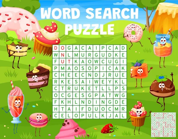 Word Search Puzzle Game Cartoon Desserts Sweets Cake Characters Meadow — Vettoriale Stock