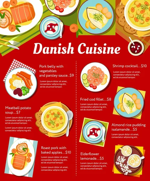 Danish Cuisine Restaurant Meals Menu Pork Belly Vegetables Parsley Sauce — Stock Vector