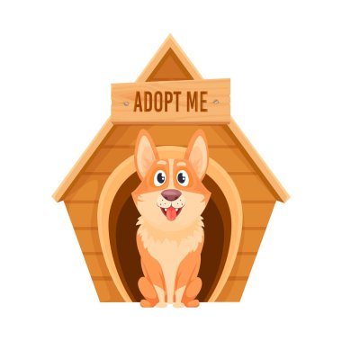 Adopt me icon, dog pet and doghouse kennel, friendly vector animal. Adopt me emblem for lost or abandoned pets shelter or dogs house, take home and rescue sign for dogs adoption