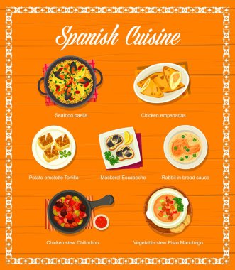 Spanish cuisine menu, food dishes and tapas, Spain meals for lunch and dinner, vector. Spanish restaurant menu of traditional seafood paella and chicken empanadas and potato omelette tortilla