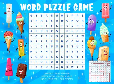 Ice cream dessert characters word search puzzle game vector worksheet. Kids quiz grid or education riddle, word searching game with sweet food personages, cute ice cream cones, gelato, kulfi, sorbet