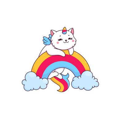 Çizgi film karakteri şirin caticorn karakteri. Sihirli tek boynuzlu at kedisi, fantezi hayvan vektörü mutlu karakter. Peri kedi, sihirli caticorn ya da kawaii tek boynuzlu at mutlu maskot ya da gökkuşağında yalnız neşeli şahsiyet