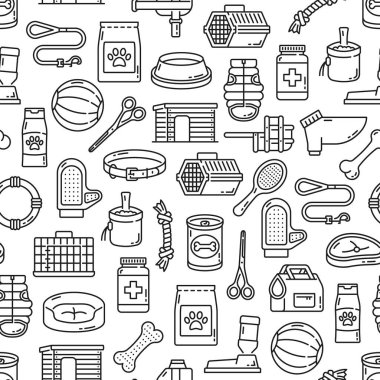 Dog and puppy pet care seamless pattern. Dog food, veterinary medicines, grooming tools and toys outline symbols or line pictograms on fabric vector seamless background, textile or wallpaper
