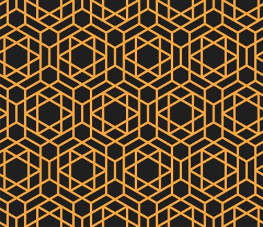 Arabesque arabic seamless pattern. Mashrabiya islamic backdrop. Moroccan or turkish ethnic ornaments, mashrabiya arabic pattern, textile or fabric oriental print with gold lines on black background