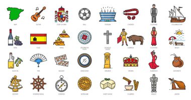 Spain outline icons, travel and Spanish culture, landmarks vector symbols. Spanish flag, map and coat of arms with flamenco castanets, toreador corrida and national clothing icons clipart