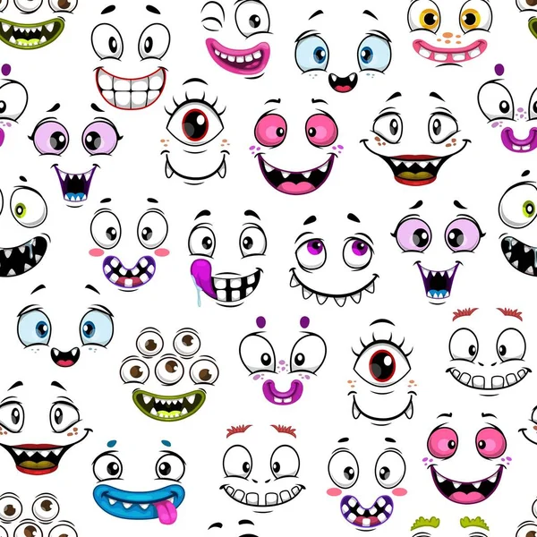 Scary Eerie Cartoon Face Emoji Seamless Pattern Vector Background Monster — Vector de stock