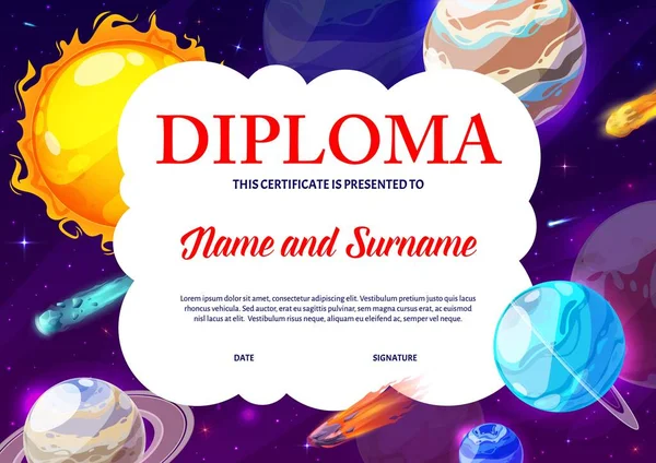 Kids Diploma Cartoon Space Planets Stars Competition Winner Certificate Education — Image vectorielle