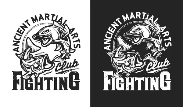Angry fish mascot, fighting sport club t-shirt print, martial arts vector emblem. Karate, Taekwondo or Muay Thai kickboxing and Jiujitsu or Judo fighting badge for sport club sign with motto slogan