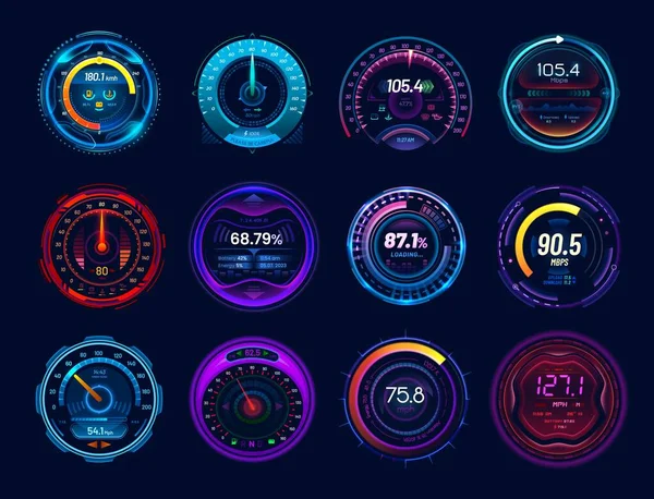 Futuristic Car Speedometer Gauge Dials Neon Led Speed Meter Vector — Stock Vector