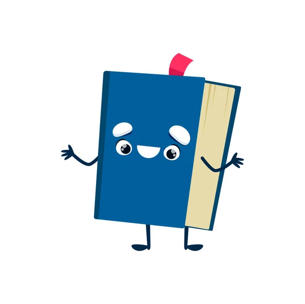 Cartoon Textbook Cute Smiling Book Blue Cover Waving Hands Funny — Stock vektor