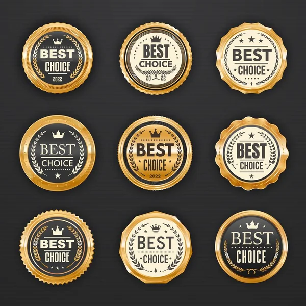 Beste Keuze Gouden Badges Labels Premium Kwaliteit Gouden Award Emblemen — Stockvector