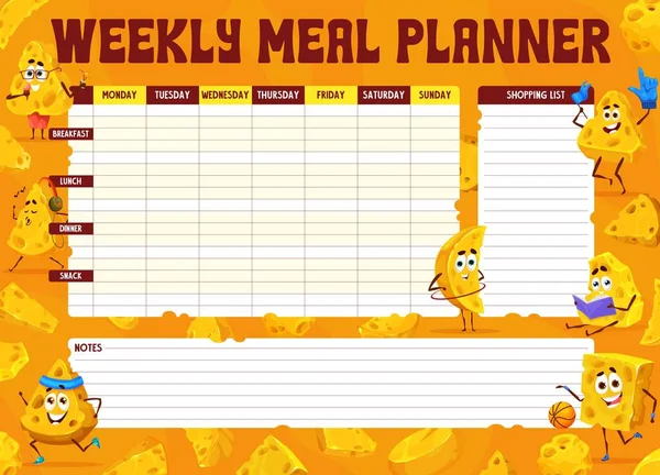 Weekly Meal Planner Cartoon Maasdam Gouda Cheese Characters Vector Timetable — Stock Vector