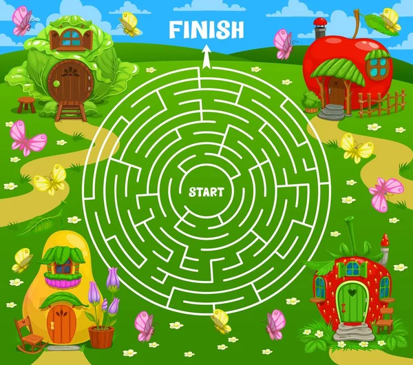 Labyrinth Maze Fairytale Magic Houses Dwellings Kids Vector Board Game — Stock Vector