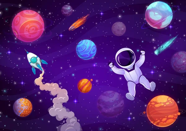 Cartoon Astronaut Outer Space Galaxy Starry Landscape Spaceman Character Flying — Stock vektor