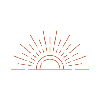 Sunset boho icon, sunrise sunshine sunburst rays isolated boho style icon. Vector abstract bohemian sun logo design template, decoration element