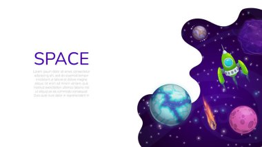 Landing page space, cartoon galaxy space planets and rocket. Vector web banner design with starship flying in Universe with stars, comets and alien planets. Astronomy education, colonization mission
