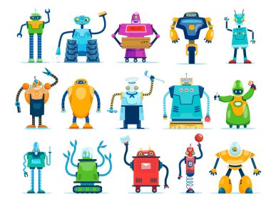 Cartoon robots characters, vector cyborgs and droids with friendly faces. Artificial intelligence isolated androids and humanoids with arms and wheels, smart ai bots technology, comic robot personages