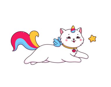 Cartoon caticorn with sky star. Cute vector white unicorn cat with colorful tail, horn and wings. Funny magic kitty character. Kawaii kitten fairy tale personage flying and playing with twinkle