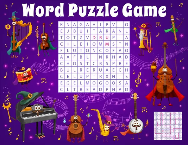 Wortsuche Puzzle Spiel Zauberer Und Fee Musikinstrument Zeichen Zwischen Musikwellen — Stockvektor