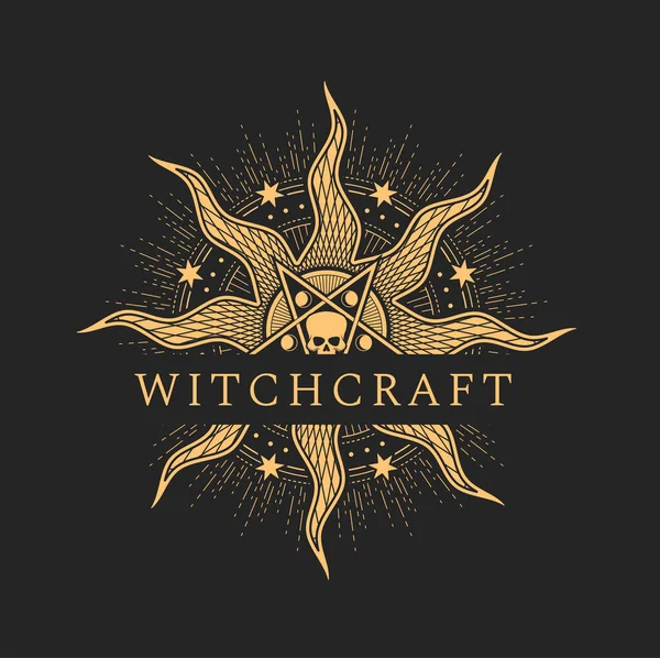 Occult Witchcraft Satanic Evil Magic Icon Pentagram Human Skull Sun — Stock Vector