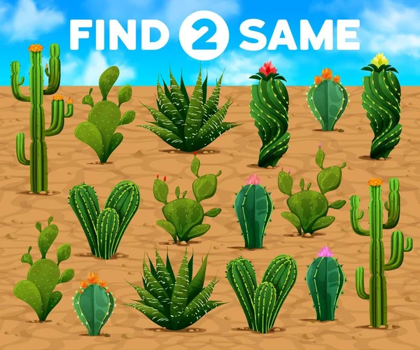 Find Two Same Mexican Prickly Cactus Succulents Kids Game Worksheet — Stock Vector