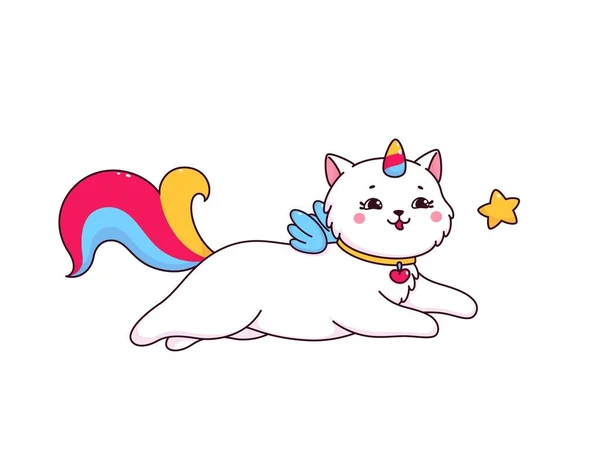 Cartoon Caticorn Sky Star Cute Vector White Unicorn Cat Colorful — Archivo Imágenes Vectoriales