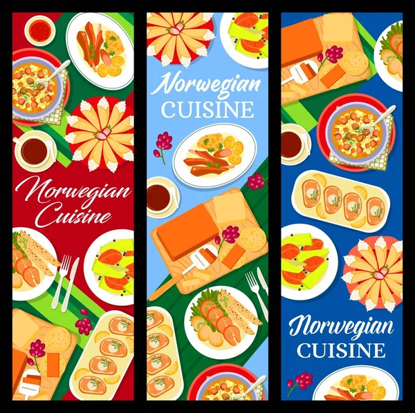 Norwegian Cuisine Banners Food Dishes Meals Restaurant Vector Norway Scandinavian — Stock Vector