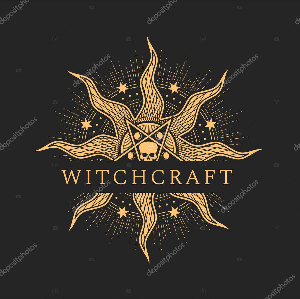 Occult witchcraft and satanic evil magic icon. Pentagram, human skull, sun or star occult sign or icon. Mason ancient emblem, alchemy seal or esoteric tattoo, satan religion sacred symbol