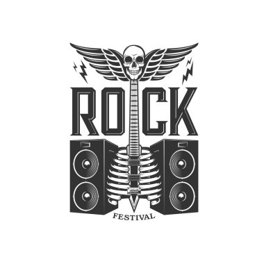Hard rock festival icon with skull and bass guitar, concert music band vector symbol. Hard rock fest and rockers live music concert show sign with skeleton guitar on wings and loudspeakers