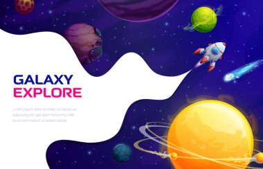 Space landing page cartoon galaxy landscape, rocket spaceship and space planets. Vector background with shuttle travel in far galaxy or Universe with white smoke frame. Futuristic cosmic exploration