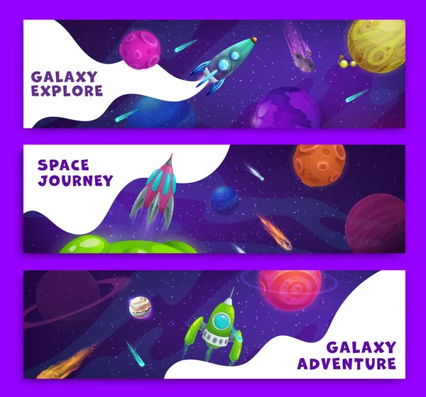 Cartoon Space Banners Vector Horizontal Cards Rockets Starry Galaxy Landscape — Stock Vector