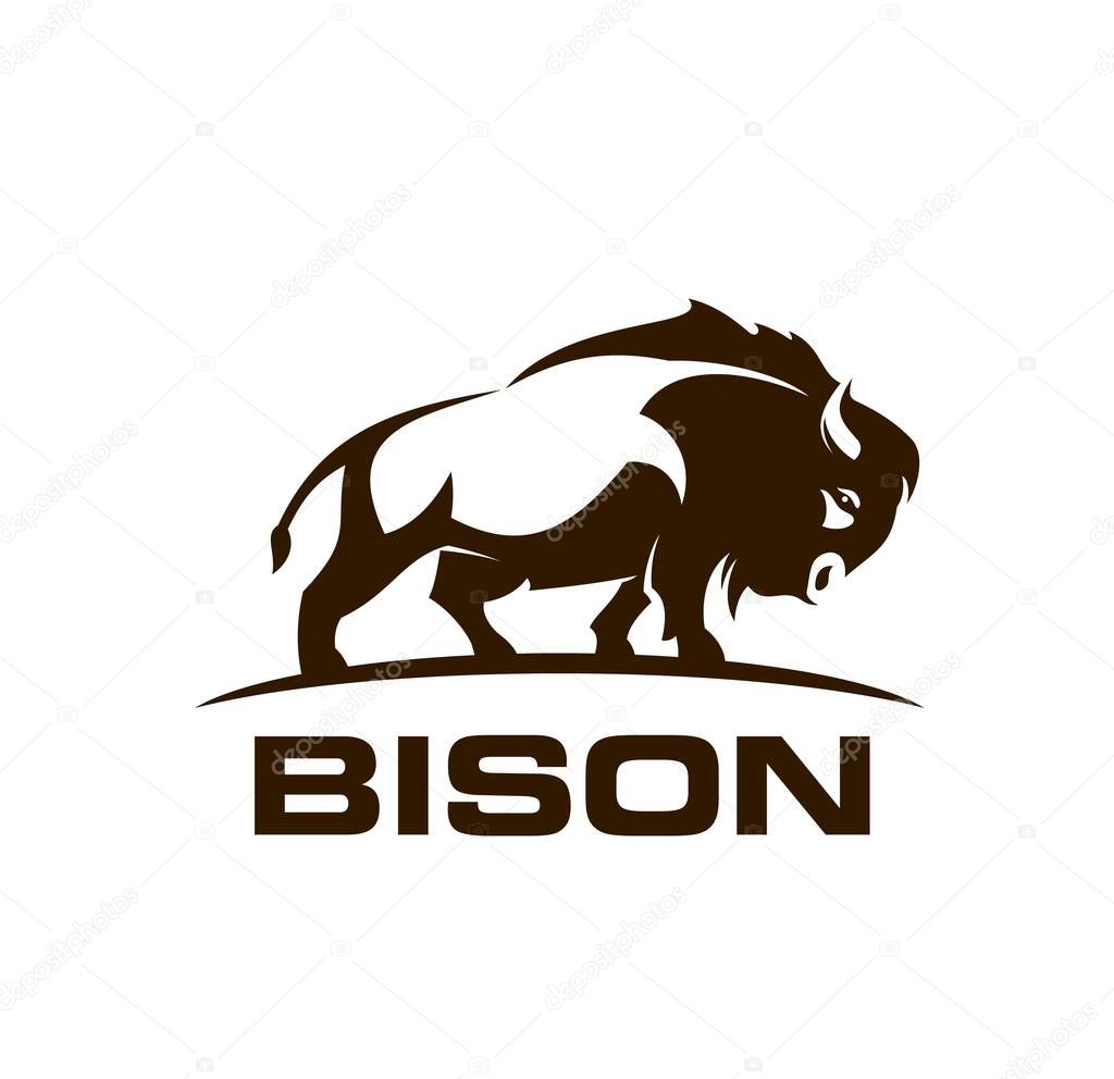 Bison buffalo symbol, vector icon with wild bull silhouette side view. Long-haired angus vintage emblem for company branding or identity, sports team uniform, wildlife zoo or breeders farm retro label