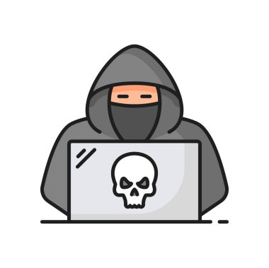Hacker in mask using laptop with skull planning attack. Vector coding, data encryption, programming hacking man theft programmer