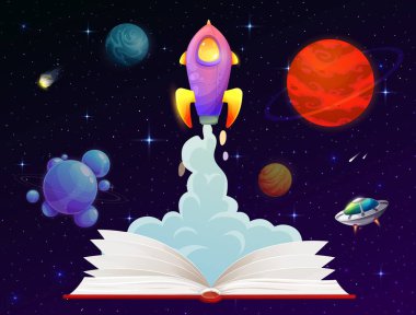 Kitap ve roket fırlatma, hızlı başlangıç. Vektör yıldız gemisi yıldızlı arka planda gezegenli bulut izleriyle havalanır. Girişim projesi artışı, yıldızlar arası seyahat, astronomi eğitimi