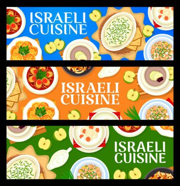 Israeli food restaurant meals horizontal banners. Carrot Tzimmes, fish cakes and herring forshmak, apple soup, gefilte fish and fish ball soup, sauce, egg salad with chicken giblets