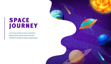 Space landing page Ufo in galaxy space planets. Vector interstellar travel background with alien extraterrestrial invaders fly on saucer exploring planets in cosmos or universe with stars and comets