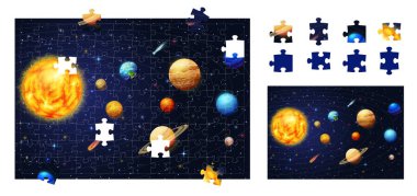 Solar system jigsaw puzzle space game pieces. Matching puzzle, correct piece find playing activity, shape search game vector worksheet with Sun, Earth, Saturn and Mars, Neptune, Venus cartoon planets