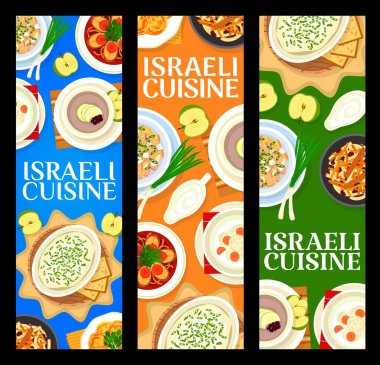 Israeli restaurant meals vertical banners. Apple soup, carrot Tzimmes and fish cakes, herring forshmak, gefilte fish and fish ball soup, egg salad with chicken giblets, sauce