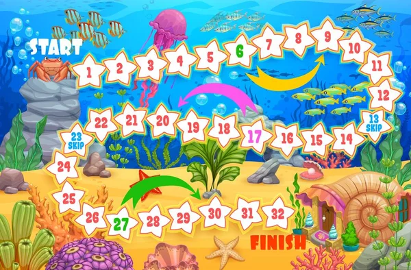Kids Board Game Underwater Landscape Cartoon Animals Vector Worksheet Step — Stock Vector