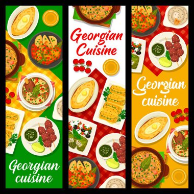 Georgian cuisine meals banners. Stew Chakhokhbili, beef cabbage soup and soup Kharcho, satsivi sauce, Dolma with vegetable, sulguni cheese salad and eggplant satsivi, bread Khachapuri, lamb basturma