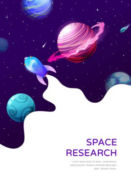Space research. Galaxy expedition. Cosmos research, universe discovery or outerspace travel vector wallpaper, astronomy exploration poster with rocket flying near fantastic galaxy planets and stars