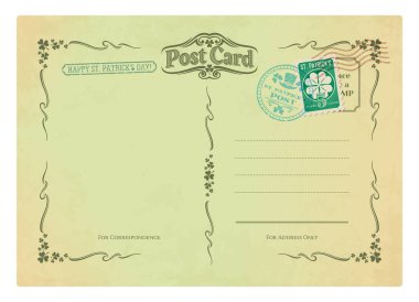 Saint Patrick day antique postcard, postage stamp on vintage mail. Vector Irish holiday blank grungy background template with leprechaun hat and clover marks, ornate frame, place for address and text